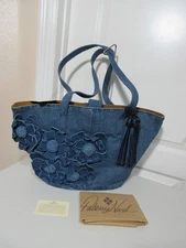 NEW PATRICIA NASH MARCONIA FLORAL APPLIQUE      DENIM TOTE BAG        NWT