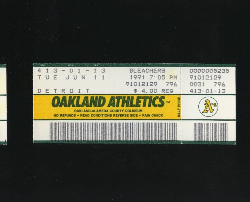 6-11-1991 Detroit Tigers @ Oakland A's Ticket - Jose Canseco HR #175
