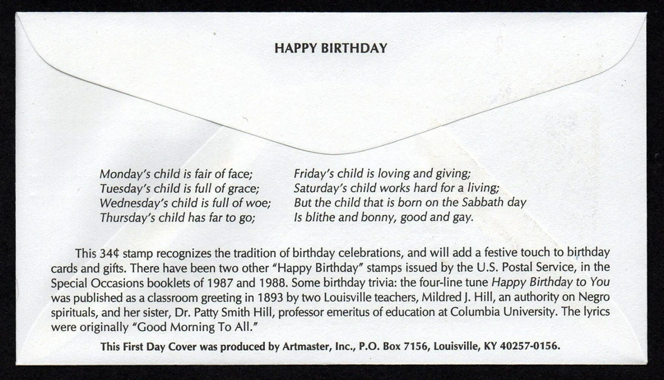 USA, SCOTT # 3558, ARTMASTER FDC COVER - HAPPY BIRTHDAY CAKE 34¢ YEAR 2002 - Image 2 of 2