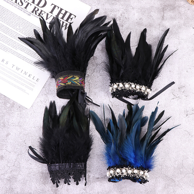 2pcs Lace Feather Wrist Cuffs Black Real Natural Dyed Rooster Feather