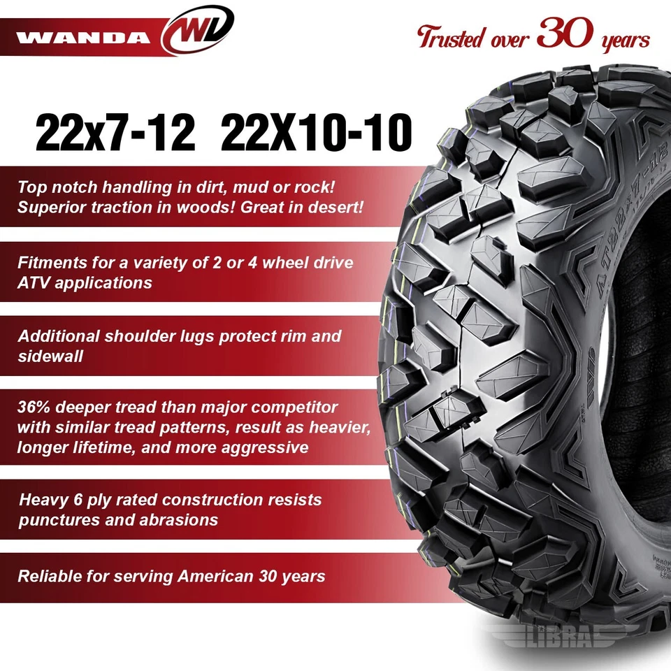 4 neumáticos WANDA ATV 22x7-12 22x10-10 6PR aptos para Polaris Sportsman 300 2008 Foto 2 de 4