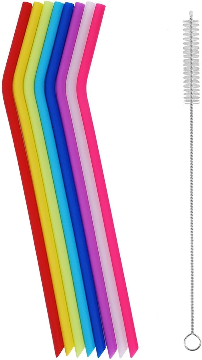 8 Pack Reusable Regular Size Silicone Drinking Straws with 1 Cleaning Brushes, E