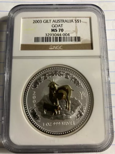 2003 SILVER $1 AUSTRALIA RARE GILT 1oz 🐐YEAR OF THE GOAT LUNAR SERIES NGC MS70