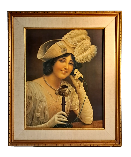 Antique Victorian Woman Candlestick Phone Vintage Lithograph 16x20 Framed 22x26 - Picture 5 of 15