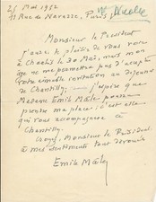 Emile MÂLE lettre autographe signée Roger Nicolle Chaalis déjeuner âge