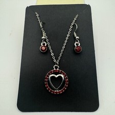 Heart Pendant Necklace  Earrings Set With Red Rhinestones