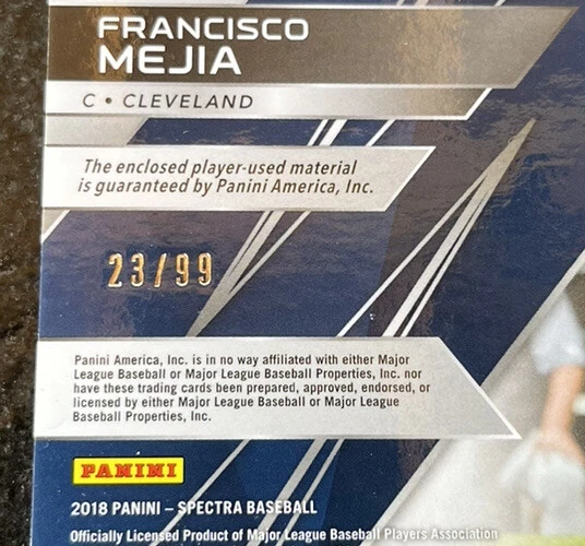 FRANCISCO MEJIA 2018 Panini Spectra Triple Threat Game Used Bat CARD #'d 23/99 - Image 3 of 3