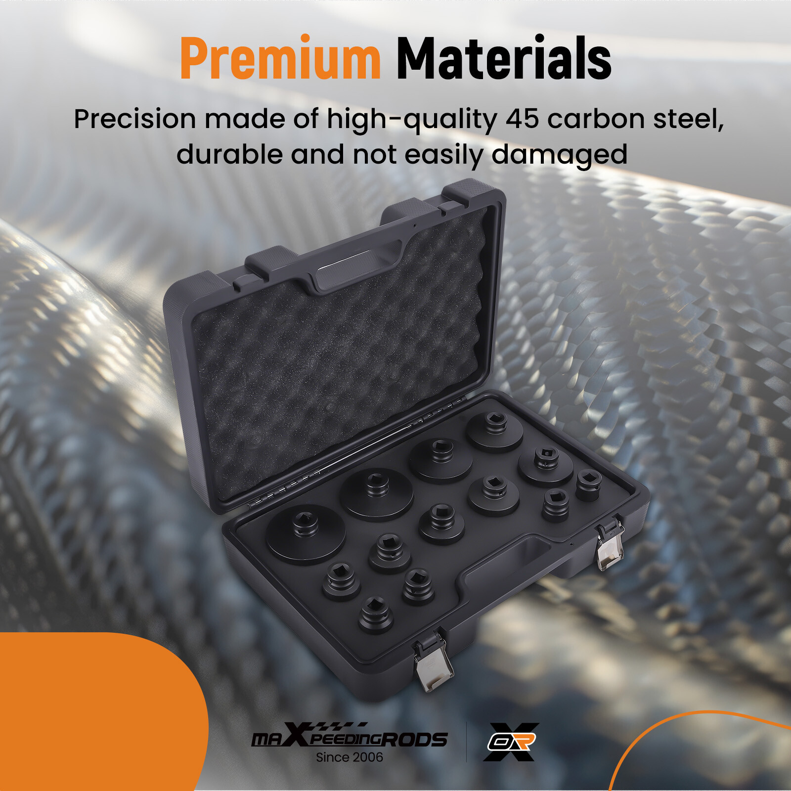 13PCS GROOVED LOCKNUT SOCKET SET 1/2" DR. INTERNAL TEETH 18 - 80MM 45# STEEL