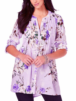 Roamans Tunic Shirt Blouse Top Lilac Floral Print Pintucked Plus