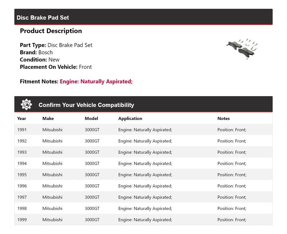 Juego de pastillas de freno de disco delanteras para Mitsubishi 3000GT Bosch 1991-1999 1992 1993 1994 Foto 2 de 4