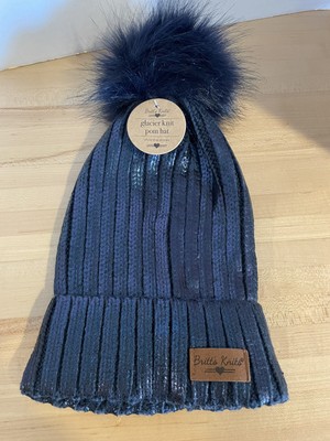 Britts Knits Womens Ski Cap Knit Navy Blue  Shimmer Faux Fur Pom Hat