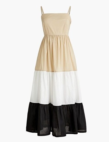 J.Crew Factory - Square-Neck Tiered Color block Maxi Dress Beige/White/Black Siz