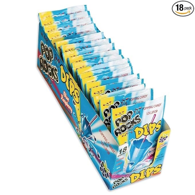 Full Box 18x Packs Pop Rocks Dips Blue Raspberry Popping Candy Lollipop | .63oz