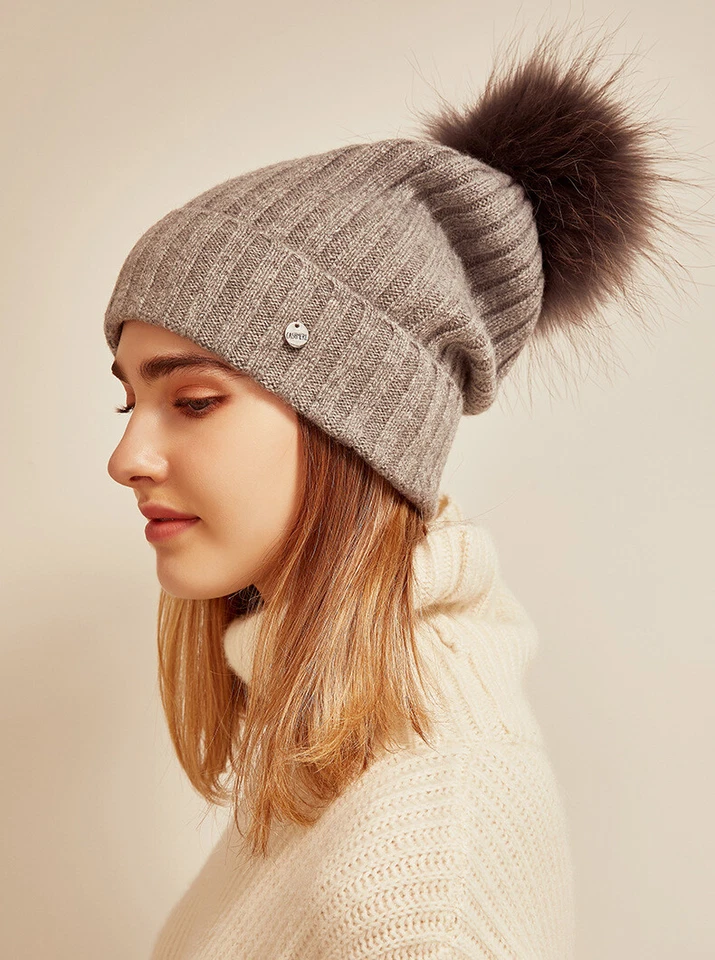 Sombrero de ganchillo de cachemir mongol puro piel de mapache real pompón gorro sombrero esquí Foto 4 de 4