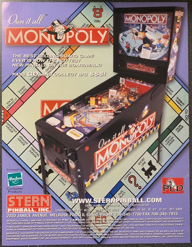MONOPOLY - Stern Pinball  Advertising Flyer - Own It All - 2001 - Box Shipped
