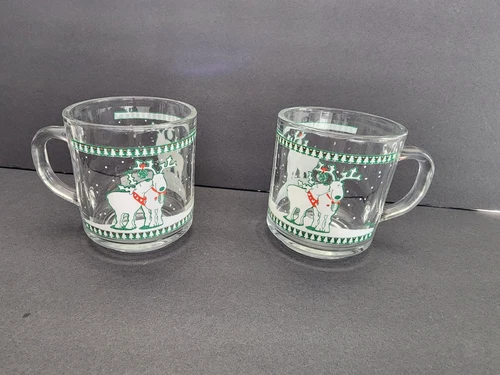 Vintage Anchor Hocking Kissing Reindeer Clear Glass Mugs By Cathy Heck SET OF 2