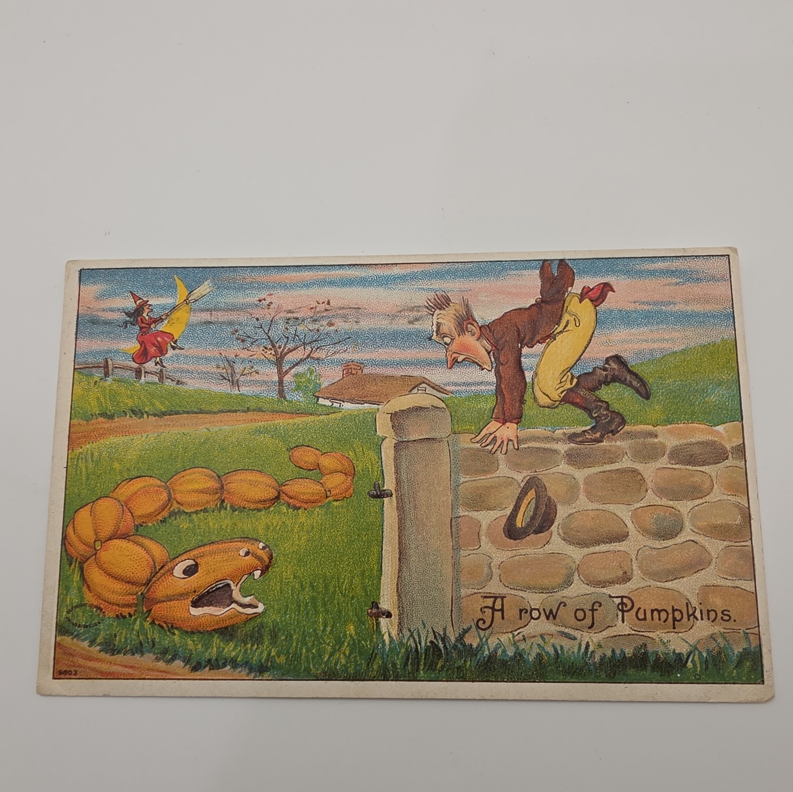 Antique Halloween Postcard  A ROW OF PUMPKINS Julius Bien 980 Witch with Broom