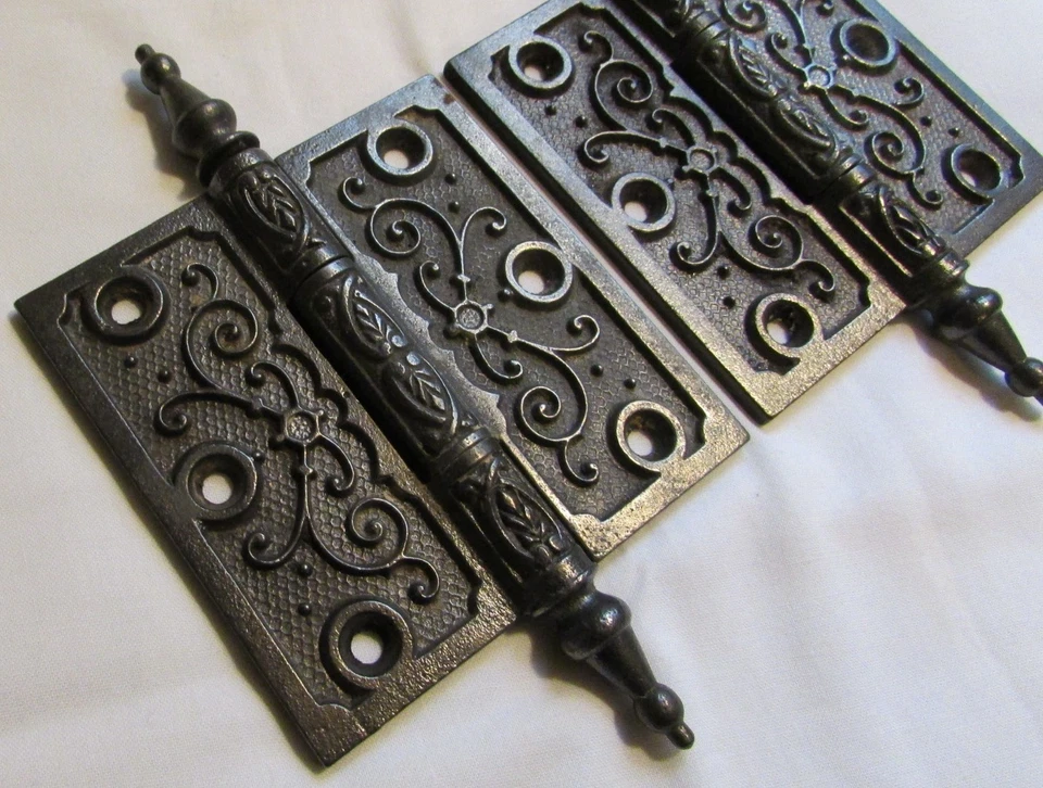 2 Bisagras de Puerta Antiguas a Juego 3 1/2 X 3 1/2" Victoriano Steeple Top Pin ~ Hierro Fundido Foto 3 de 4