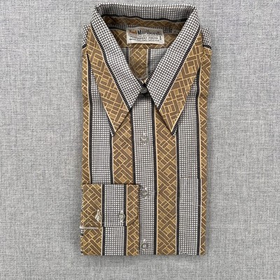 VTG 70s 80s Marlboro Western Shirt Geometric Stripe Men 16-32 Tan