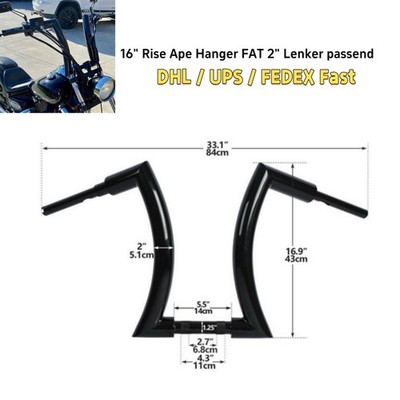 16'' Rise Ape Hanger 2'' Fat Lenker passend für Harley Dyna Sportster Road King