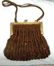 Vintage/Antique Brown Beaded Handbag Pretty Rosettes Lining