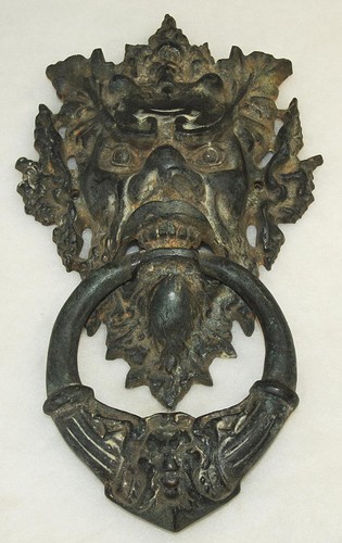 Vintage ~ Cast Iron Greenman Door Knocker 15” Heavy Ornate Gothic Gargoyle Style