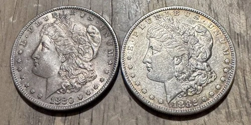 1880-S & 1882-S Morgan Silver Dollars, Early San Francisco Dates, AU+ Coins