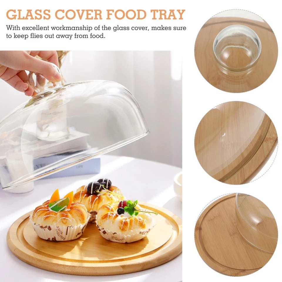 Food Container Rotating Lid Glass and Wood Cake Dome Covers Dessert Tray - Image 3 of 4