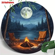 Vintage Campfire Wall Art Moonlight Lakeside Mountain View