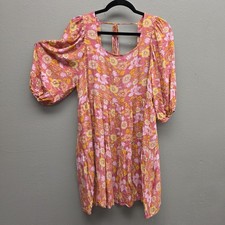 Pink Lily Dress Womens Medium Pink Floral Puff Sleeve Tiered Tie Back Boho