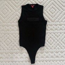 Guess Black Ribbed Bodysuit Size Small Logo Sleeveless Stretch