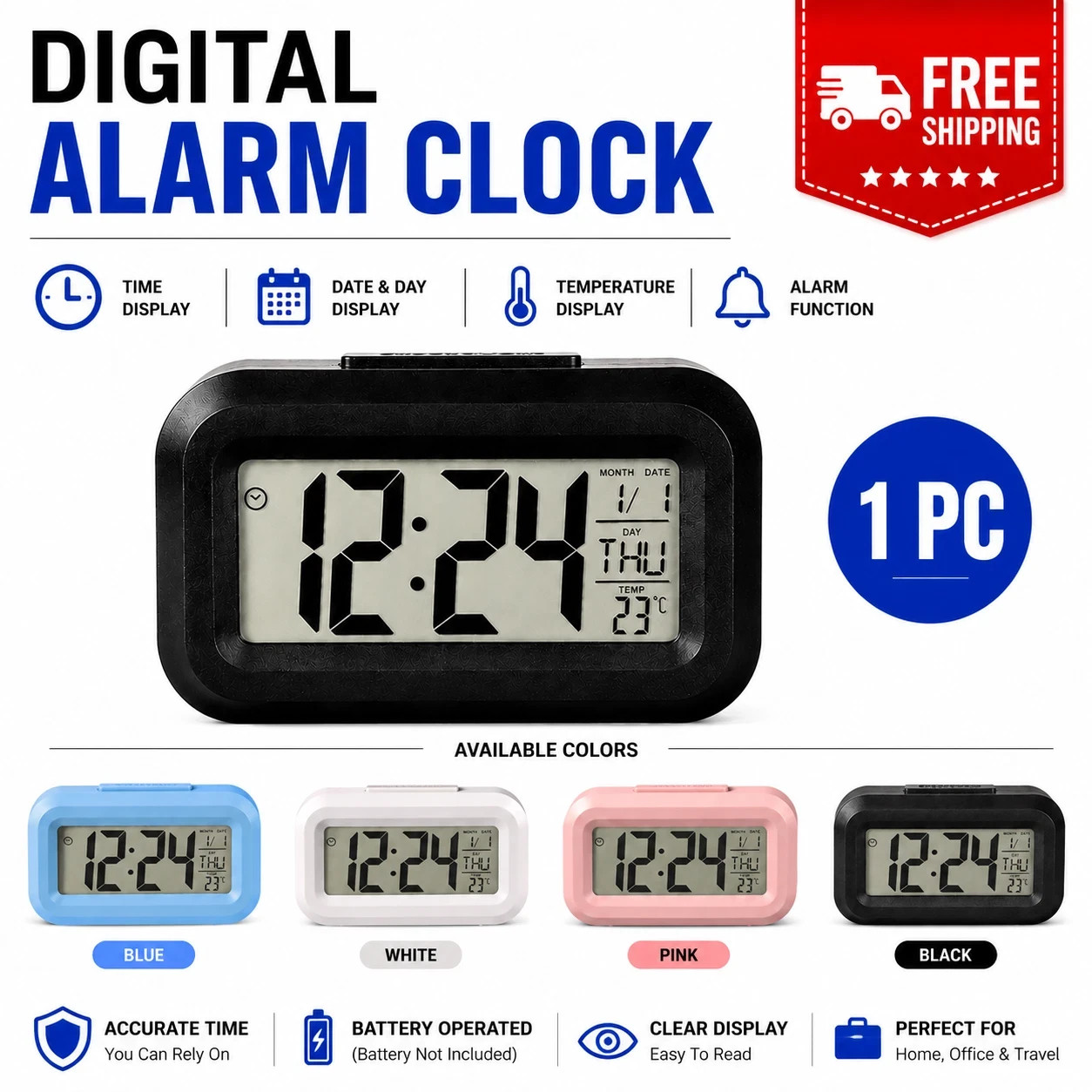 Digital Alarm Clock Battery Operated Small Travel Desk Nightstand Backlit LCD