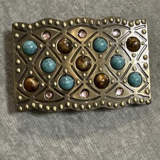 VTG NOS Metal Western Belt Stud Buckle Faux Turquoise Jasper Rhinestone Y2K