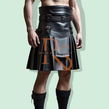 Men's New Classic Style Black Leather Kilt In Genuine Lambskin Leather Kilt