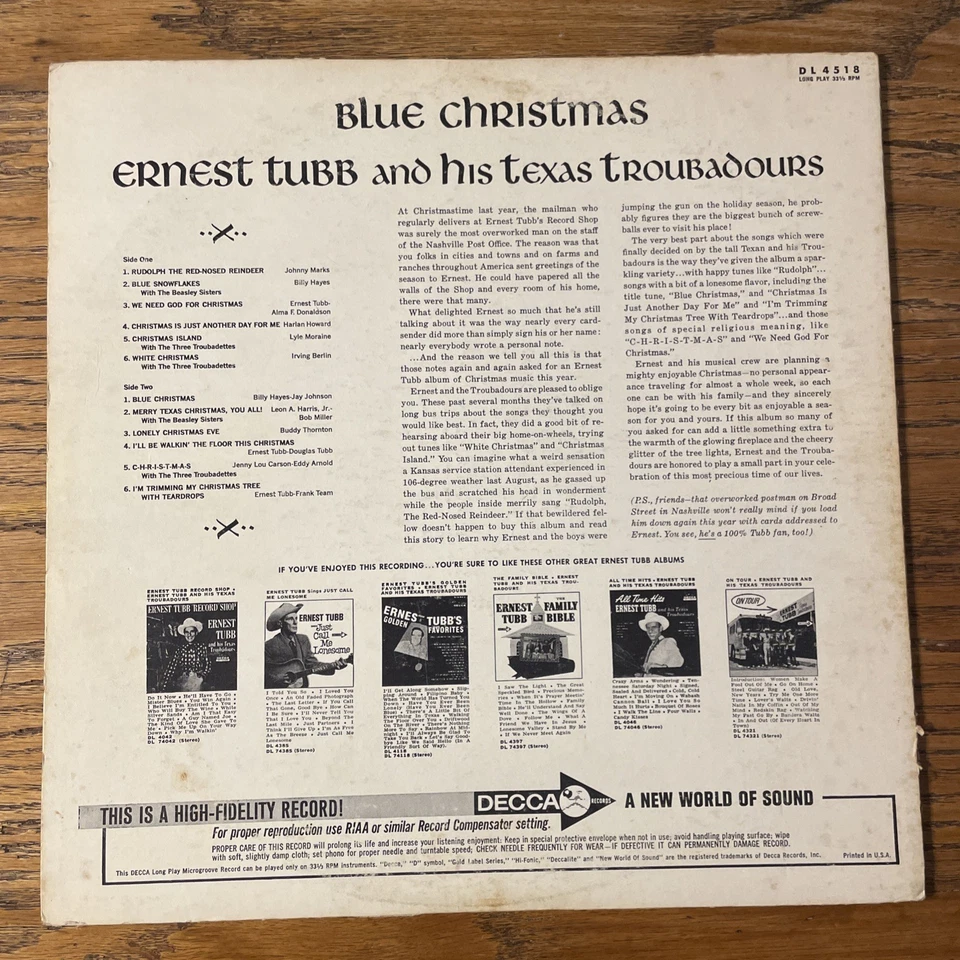 Ernest Tubb Blue Christmas LP Decca Mono Holiday + Inner VG- Rare - Image 4 of 4