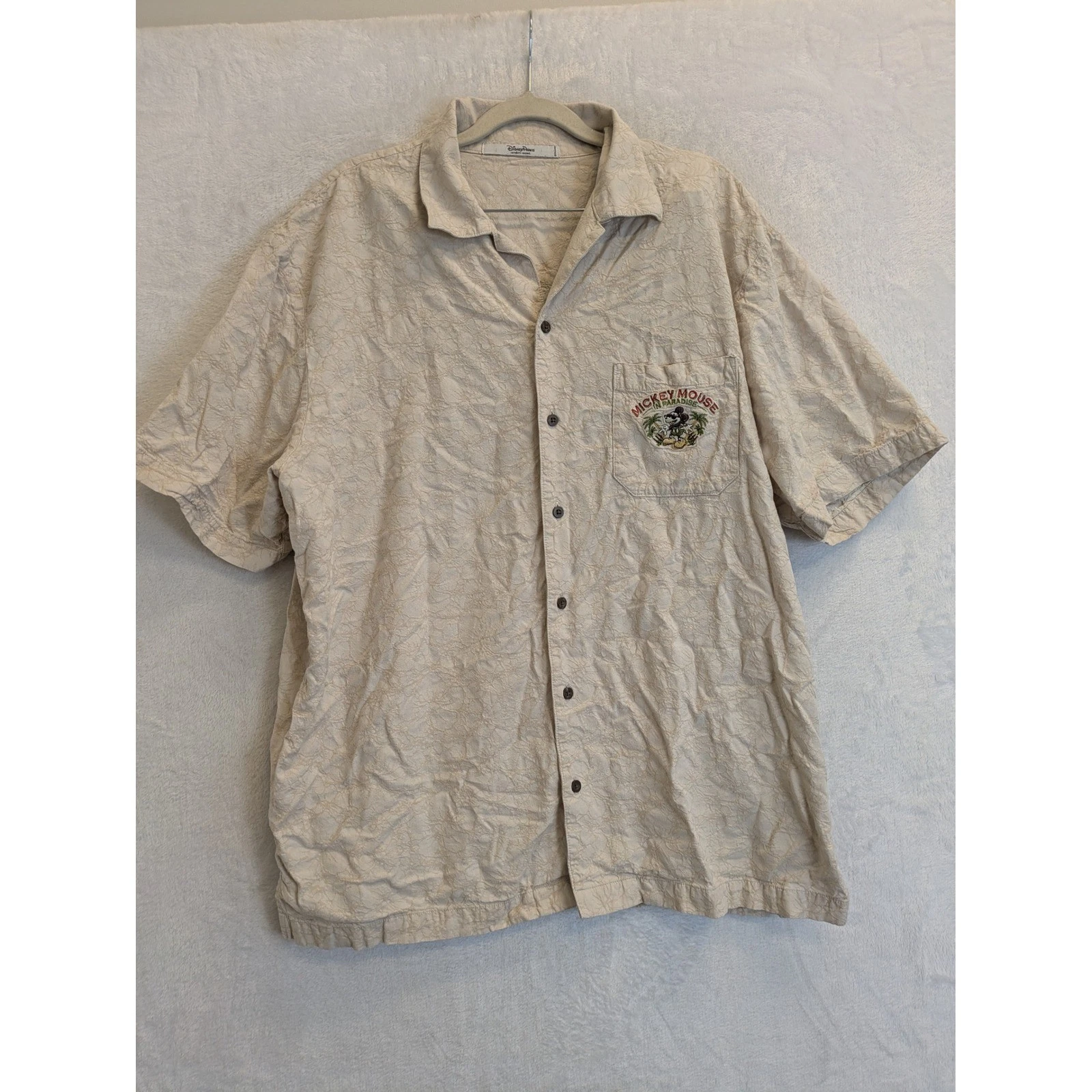 Disney Parks Mens Large Beige Mickey Mouse In Paradise Hawaiian Shirt