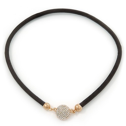 Black Rubber Necklace With Crystal Round Magnetic Closure - 38cm L - Picture 2 of 4