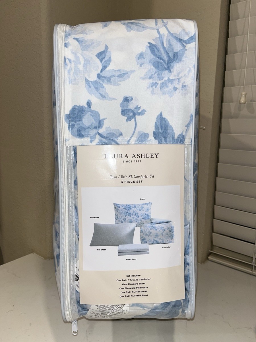 NIB 5 PIECES LAURA ASHLEY BLUE SHABBY CHIC TWIN XL SIZE COMFORTER