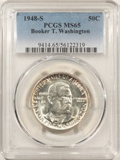 1948-S BOOKER T WASHINGTON COMMEMORATIVE HALF - PCGS MS-65, BLAST WHITE, SEMI PL