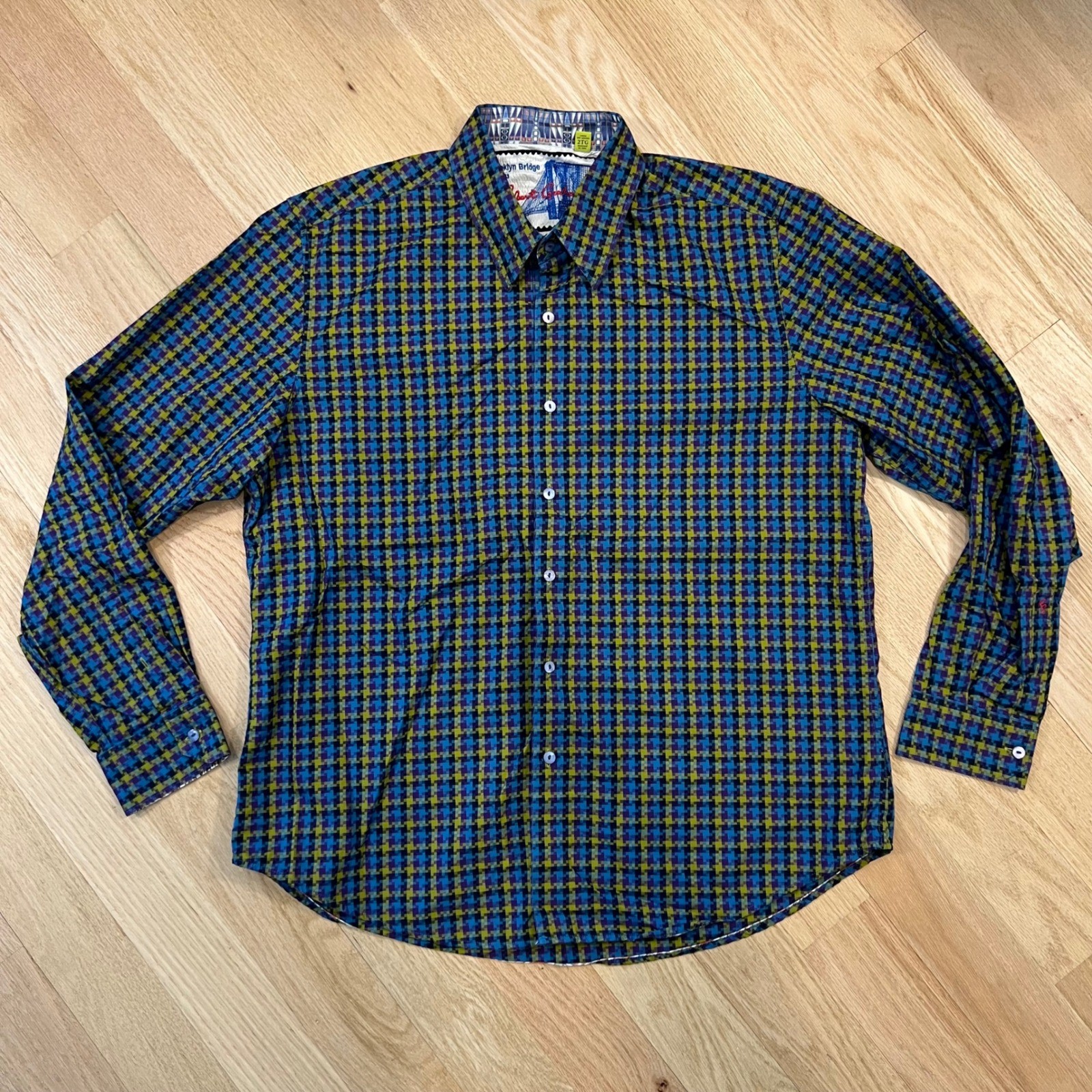 Robert Graham Brooklyn Bridge Shirt Mens 2XL Tailored Fit Houndstooth Check Blue