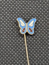 Butterfly stick pin - enamel - in blue, red and white. Butterfly 1cm, pin 6cm