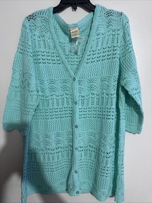 BLAIR AQUAMARINA XL OPENWORK KNIT CARDIGAN BUTTON FRONT Women's NWOT!