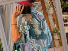 Women  s Blue Sheer Mesh Butterfly Embroidered Fringe Shawl/Wrap