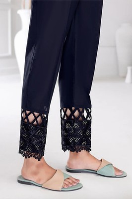 Schwarze Premium Qualität Baumwollhose Damen Gummizug Freizeithose bestickt