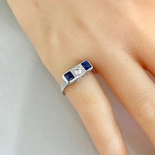 Art Deco Style Blue Sapphire With White CZ In 925 Sterling Silver Ring For Her.