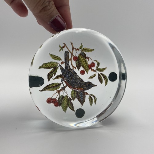 Vintage Viking Glass Round Clear Glass Hand Painted Bird Robin Paperweight - Picture 3 of 6
