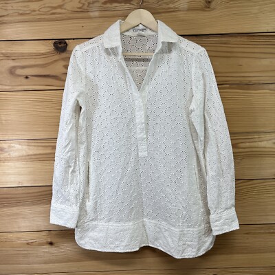 Grace Chuang Shirt Small White Eyelet Lace Tunic Pockets Collard Cotton B14