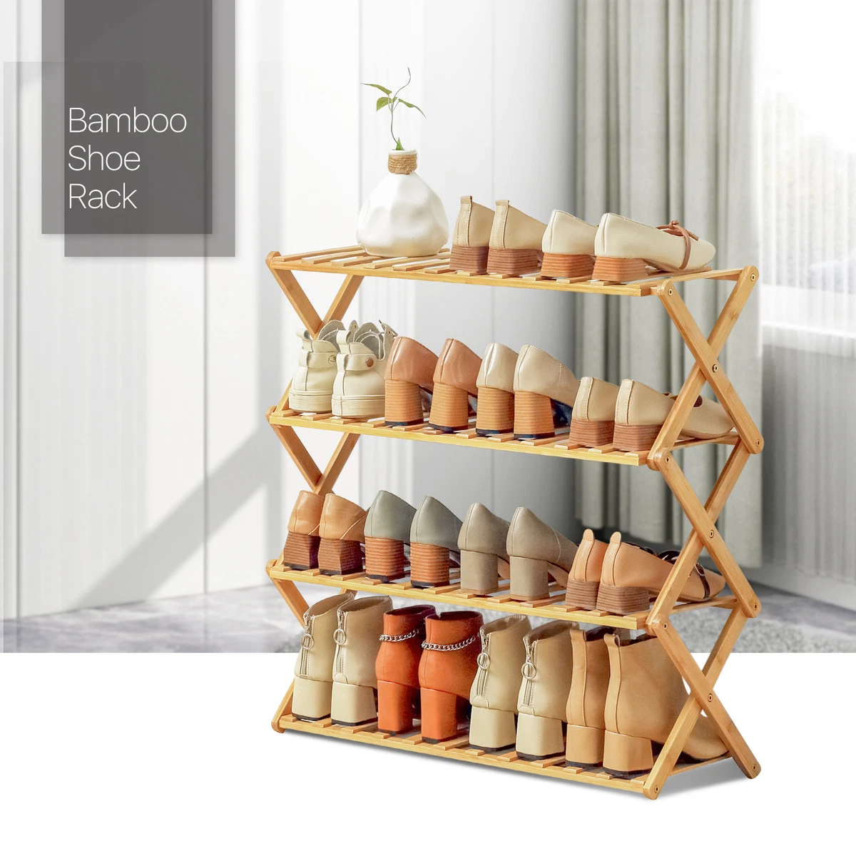 28Natural Bamboo[FOLDABLE SHOE RACK]4-Tier Boots Sneaker Flats Storage  Shelving