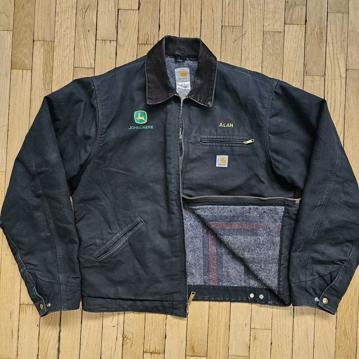 Vtg Carhartt Detroit J01 BLK John Deere Duck Canvas Blanket Lined Jacket 44 Tall