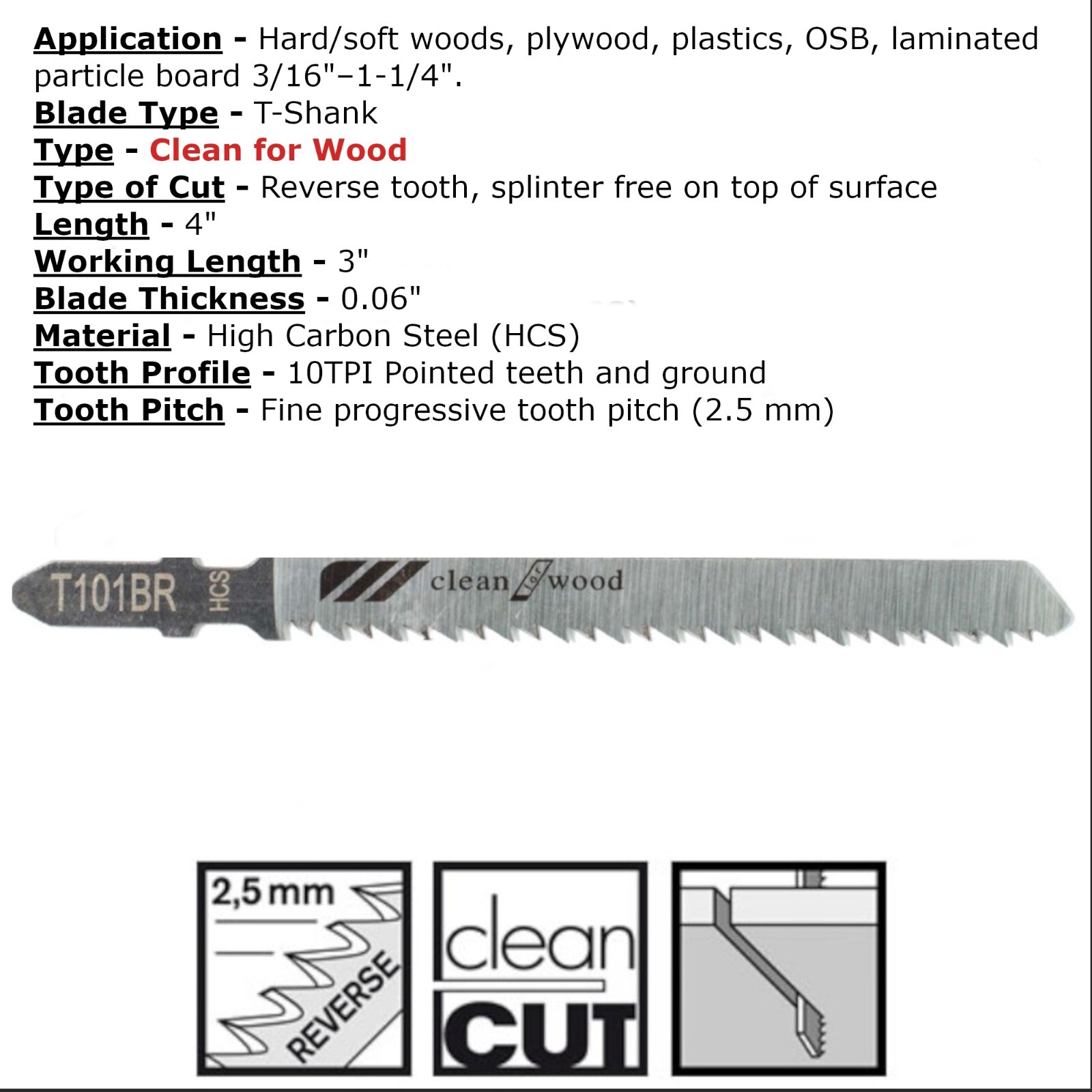 20x Jigsaw Blades T101BR Reverse Clean Cut HCS 10TPI For Bosch Dewalt
